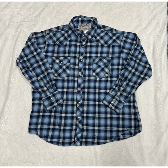 Wrangler Western Pearl Snap Mens 2XL Blue Plaid Button Up Long Sleeve Shirt - Picture 1 of 9